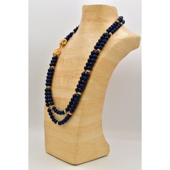 KJL Avon Vintage Beaded Necklace Ram Gold Navy Blue Beaded Chunky Signed Bin6B - Picture 9 of 12